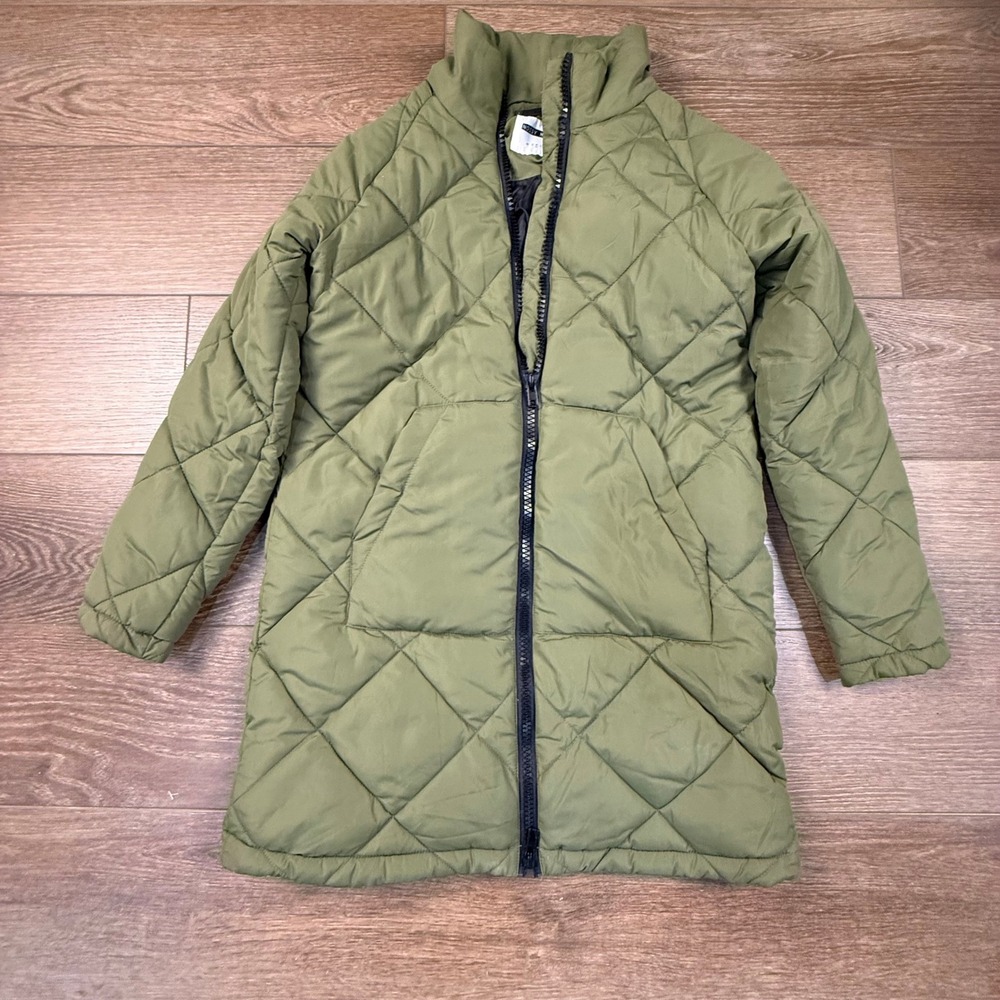 Noisy May Women's Longline Quilted Puffer Jacket Olive Green Winter Warm Size M